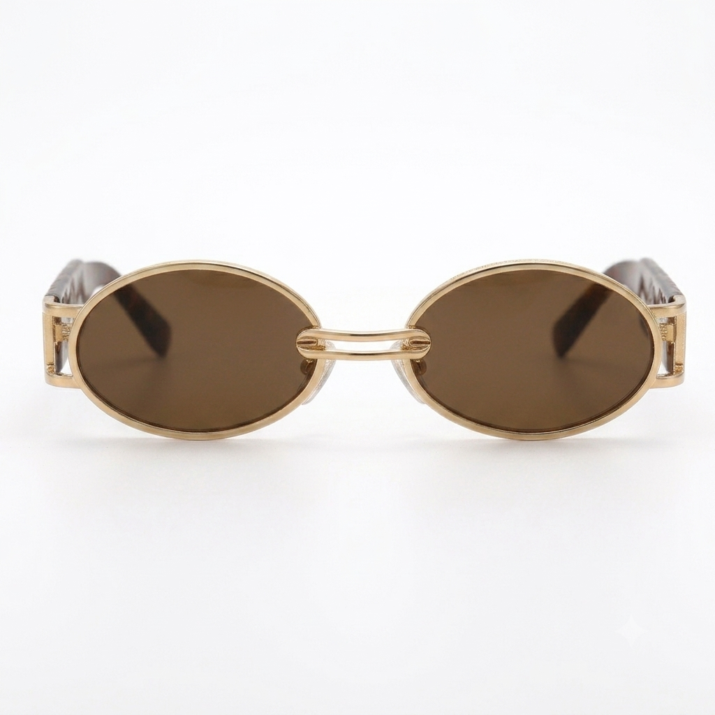 Front view of Lumina Manor Aurelia gold oval sunglasses with brown lenses.