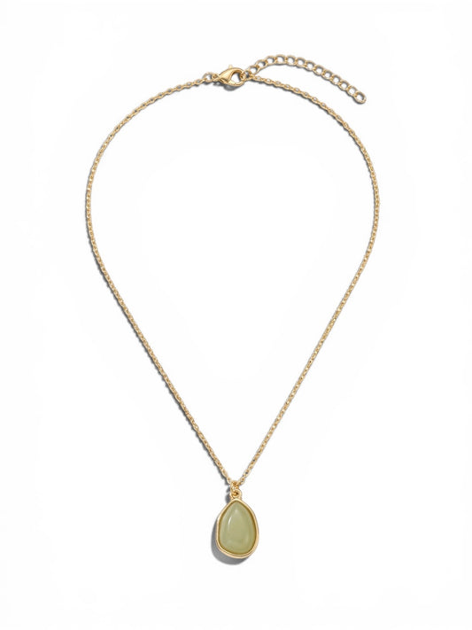 Gold-tone necklace featuring a sage green teardrop pendant on a delicate adjustable chain.