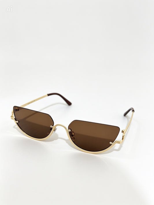 Gold metal semi-rimless sunglasses with luxury protective case and cleaning cloth.