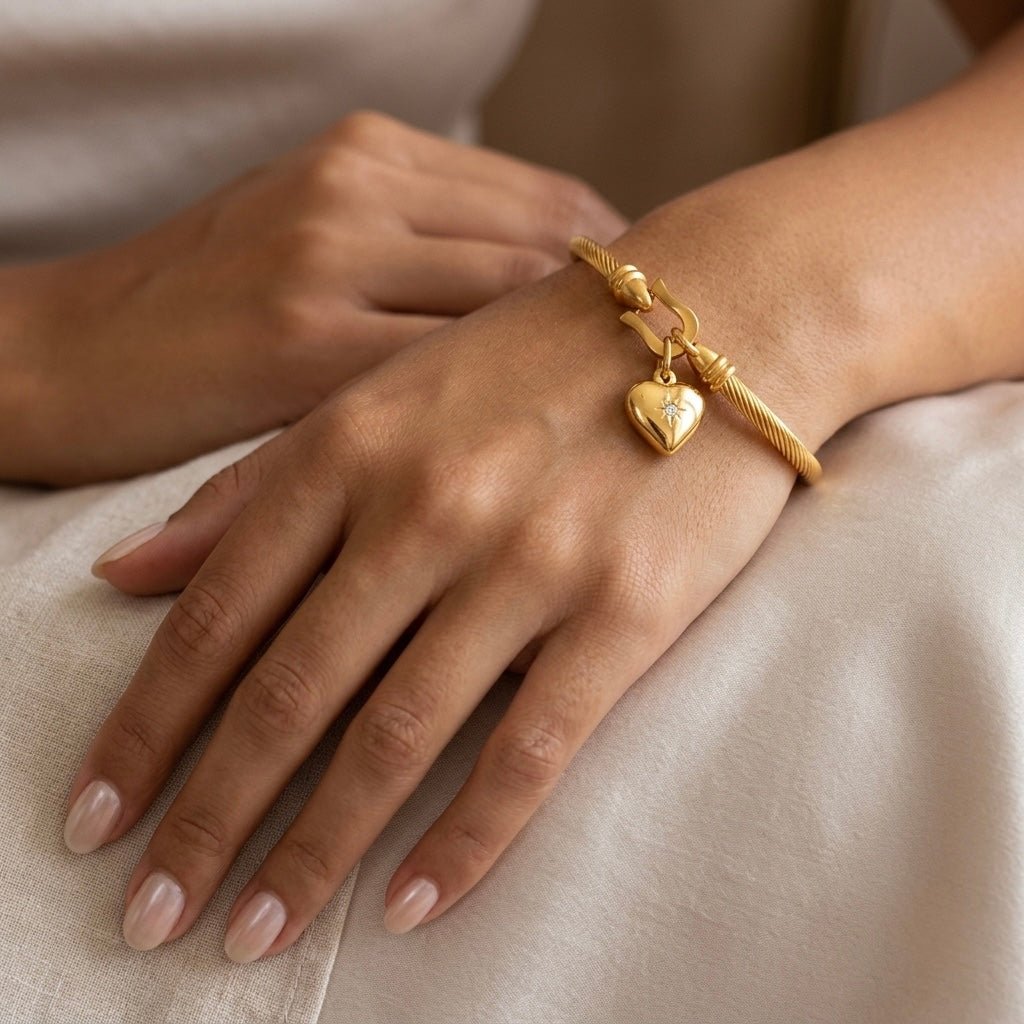 Golden Heart Charm Cable Bracelet