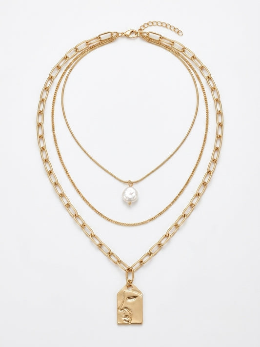 Sculpted Face Layered Necklace Set