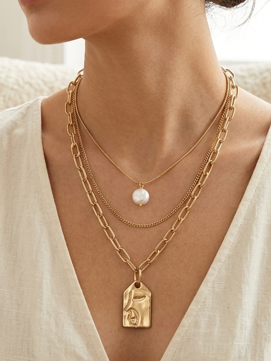 Sculpted Face Layered Necklace Set
