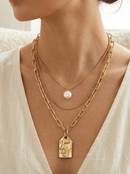 Sculpted Face Layered Necklace Set