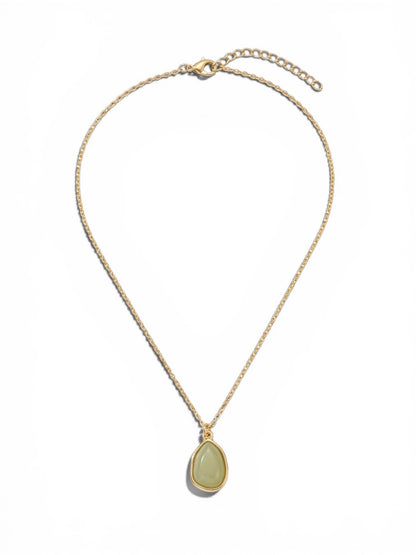 Gold-tone necklace featuring a sage green teardrop pendant on a delicate adjustable chain.